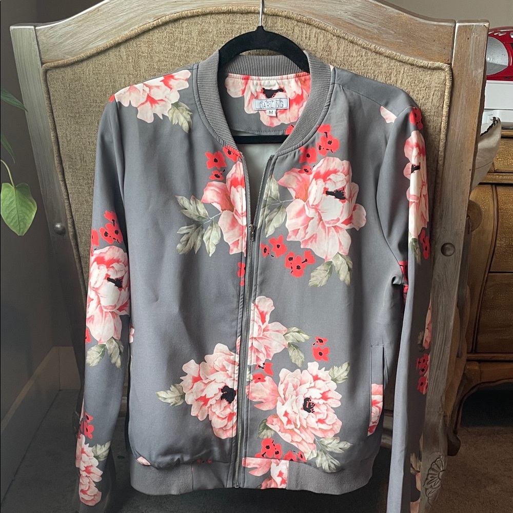 Darling Gray Bomber Jacket with Pink Floral Design